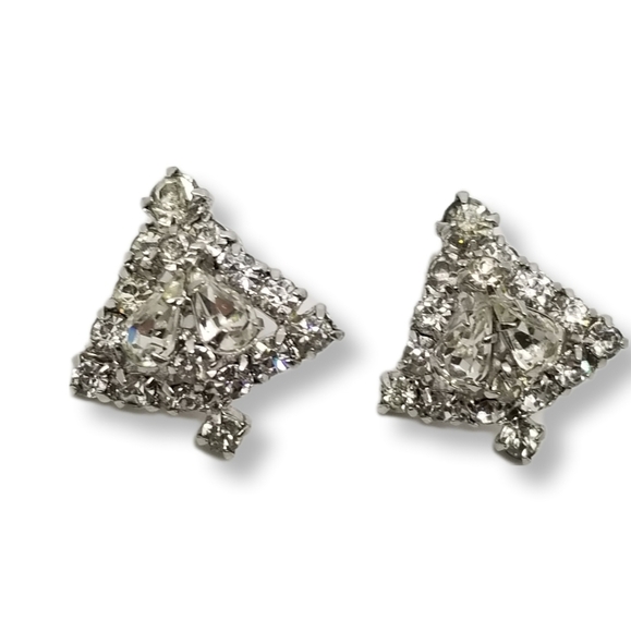 SPARKLING 1940s SILVERTONE & DIAMANTE ART DECO STYLE SCREW BACK EARRINGS - Picture 5 of 7